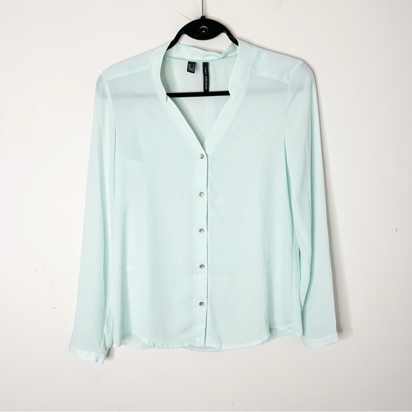 MANGO Button Down Shirt Blouse Sheer Crepe Long sleeve Mint green size XS - Picture 2 of 11